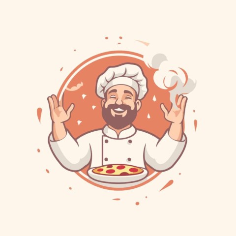 Chef with pizza. Vector illustration in cartoon style on white b