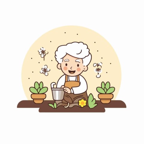 Elderly woman planting flowers in the garden. Vector illustratio