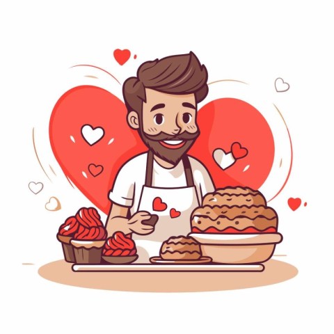 Cute vector illustration of a man in apron cooking cakes for Val