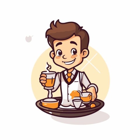 Waiter with a cup of coffee. Vector illustration in cartoon styl