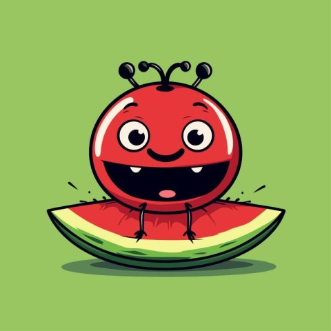 Cute cartoon red ladybug on watermelon. Vector illustration.