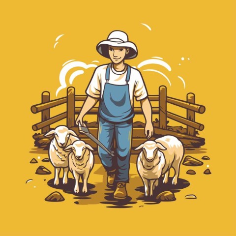 Farmer with sheep on a farm. Vector illustration in cartoon styl