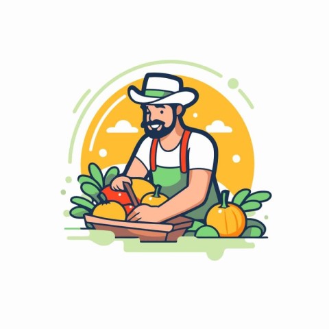 Farmer with fruits and vegetables. Vector illustration in flat s