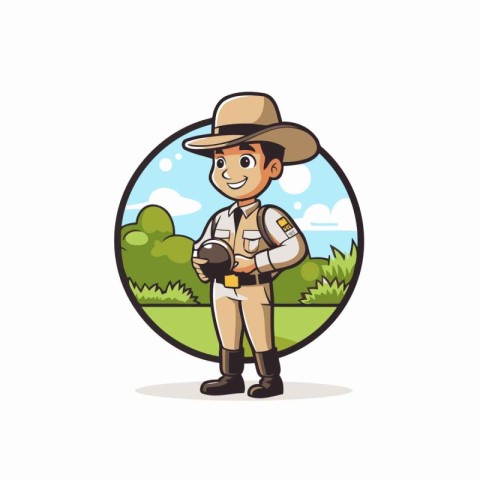 Cartoon safari explorer with binoculars. Vector illustration.