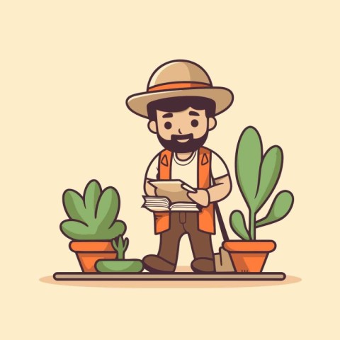 Gardener working in the garden. Flat style vector illustration.