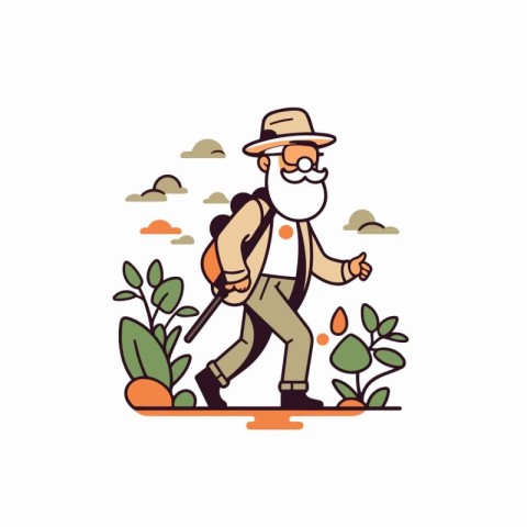 Old man with a beard and mustache walking in the park. Vector il