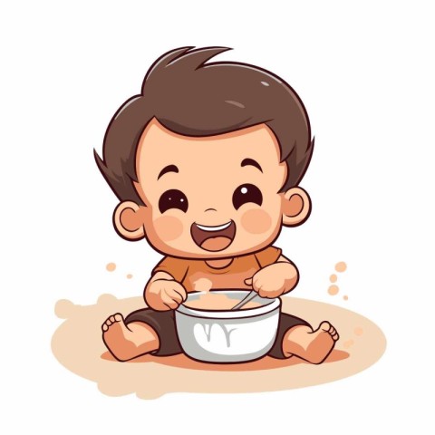 Vector illustration of Cute little baby boy eating yogurt. Isola