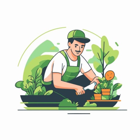 Gardening concept. Man working in the garden. Vector illustratio