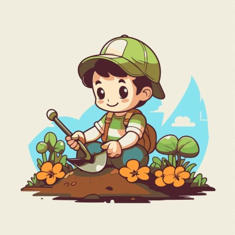 Vector illustration of a boy working in the garden. planting flo