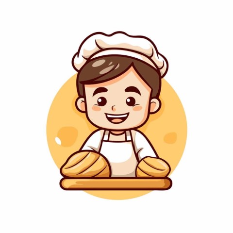 Cute little chef boy with bread cartoon vector illustration grap