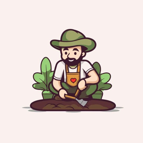 Farmer working in the garden. Vector cartoon character illustrat