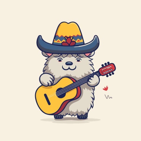 Cute dog in sombrero playing guitar. Vector illustration.