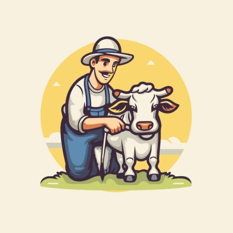 Farmer with cow. Vector illustration in cartoon style. Farm anim