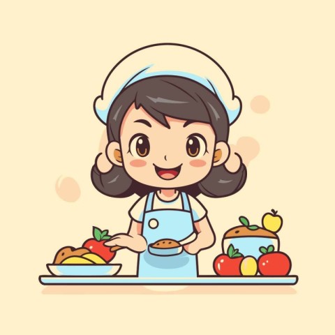 Cute little girl in chef hat cooking healthy food vector illustr