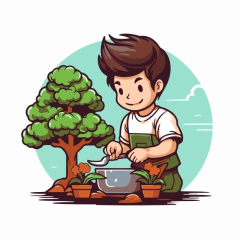 Boy watering plants in the garden. Vector illustration in cartoo