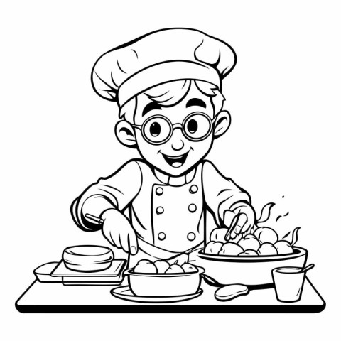 Cartoon illustration of a boy in a chef's hat and glasses cookin