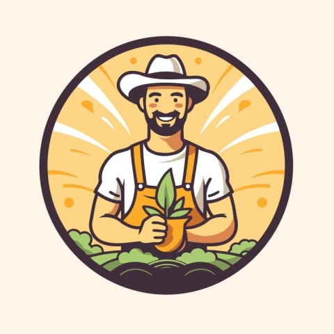 Farmer holding a sprout in his hands. Vector illustration.