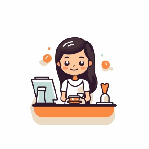 Cute little girl cooking in the kitchen. Vector illustration in