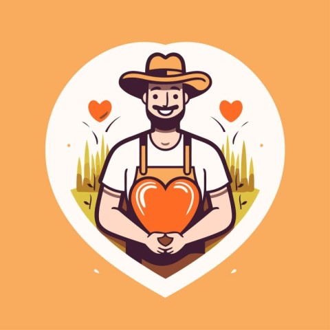 Vector illustration of farmer with heart in hands. Flat style de