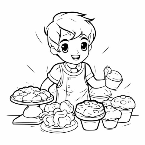 Black and White Cartoon Illustration of Cute Boy Cooking Pastry