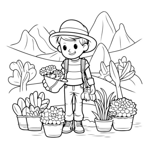 Coloring page for kids. Cute boy watering flowers in the garden.