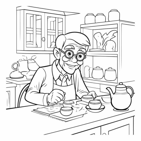 Black and white vector illustration of an elderly man in the kit