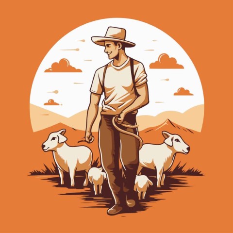 Farmer with flock of sheep in the field. Vector illustration.