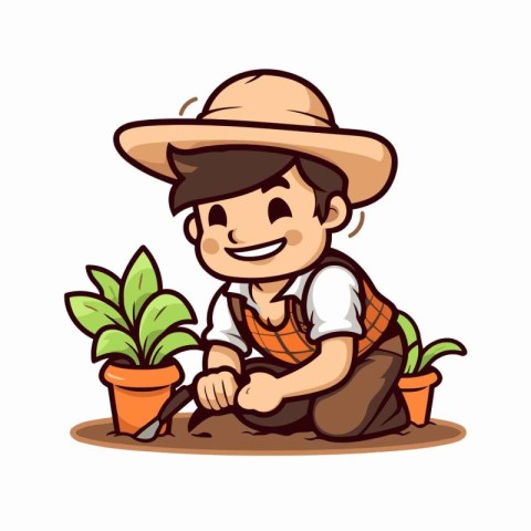 Vector illustration of a gardener boy planting a flower in a pot