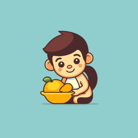 Cute little boy eating mango. Vector flat cartoon character illu