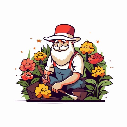 Gardener with flowers and plants. Vector illustration in cartoon