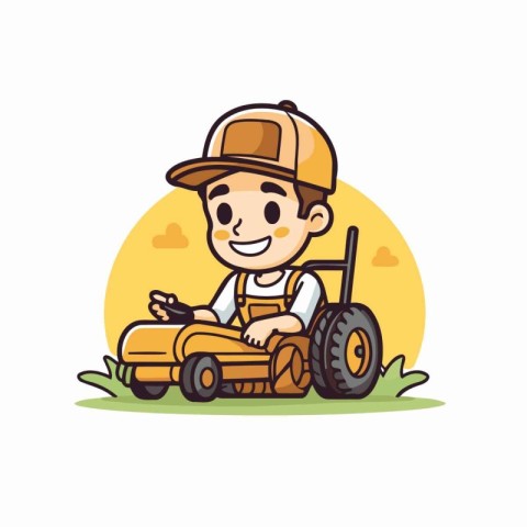 Cute little boy driving a lawn mower. Vector illustration.