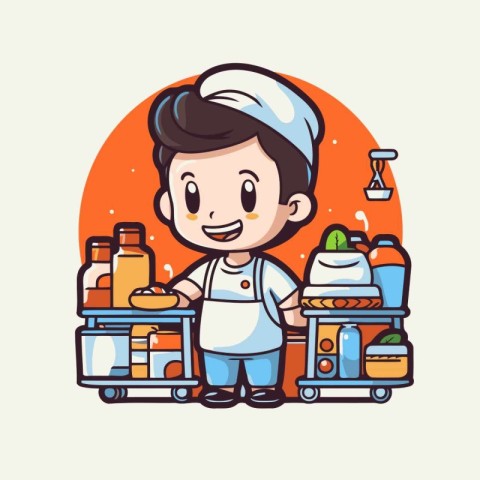 Cute cartoon chef character in uniform and hat. Vector illustrat