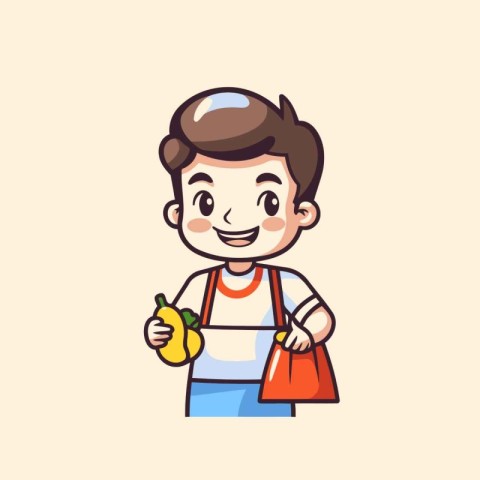 Illustration of a boy holding a pear and a bag of groceries