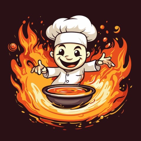 Chef with bowl of soup on fire background. Vector illustration.