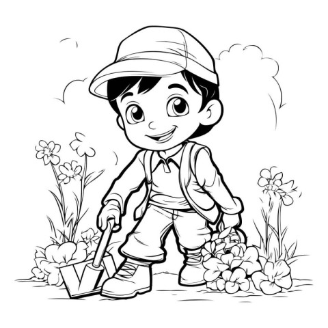 Boy with shovel in the garden - Black and White Cartoon Illustra