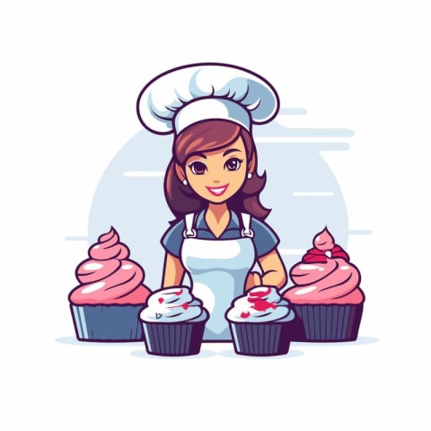 Chef girl with cupcakes. Vector illustration in cartoon style.