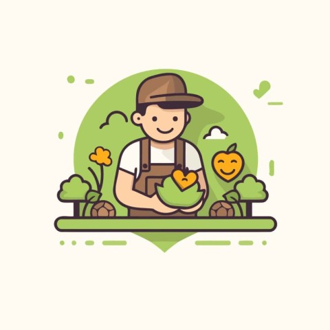 Gardener with a basket of vegetables. Vector flat illustration.