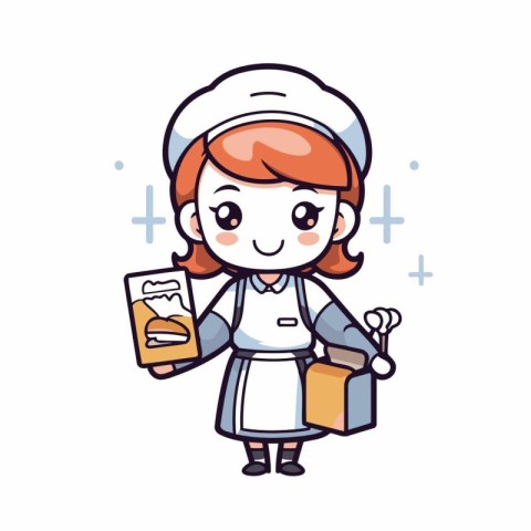 Cartoon chef girl wearing uniform and holding smartphone. Vector