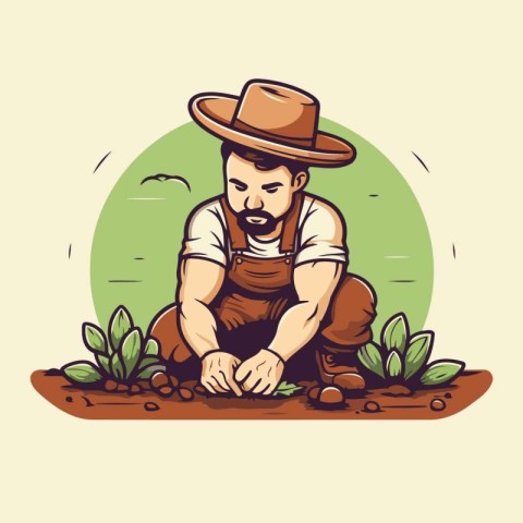 Farmer planting in the garden. Vector illustration of a man work