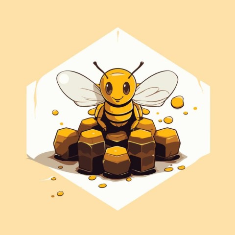 Cute cartoon bee on the honeycombs. Vector illustration.