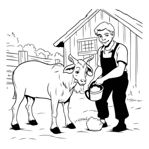 farmer with a cow on a farm. black and white vector illustration