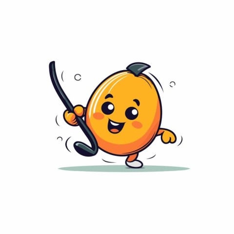 Funny cartoon mango character with hockey stick and puck. Vector