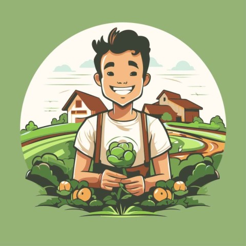 Farmer with fresh vegetables. Vector illustration in cartoon sty