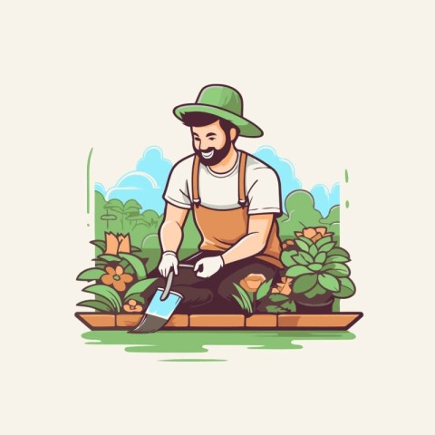 Gardener working in the garden. Vector illustration in cartoon s