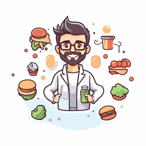 Handsome man cartoon character with food and drinks. Vector illu