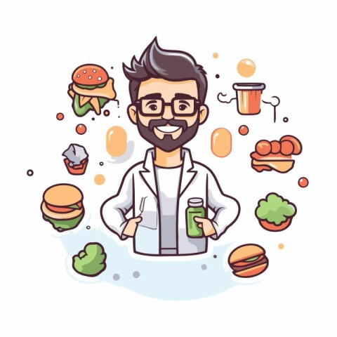 Handsome man cartoon character with food and drinks. Vector illu