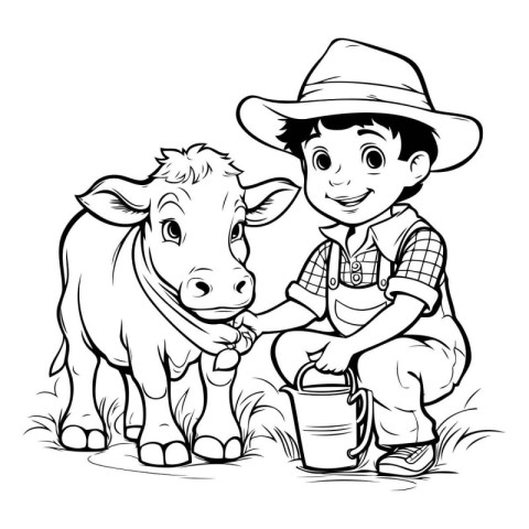 Cowboy and cow - black and white vector illustration for colorin