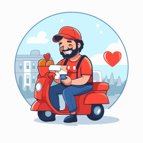 Coffee delivery service. Man in a cap with a cup of coffee on a