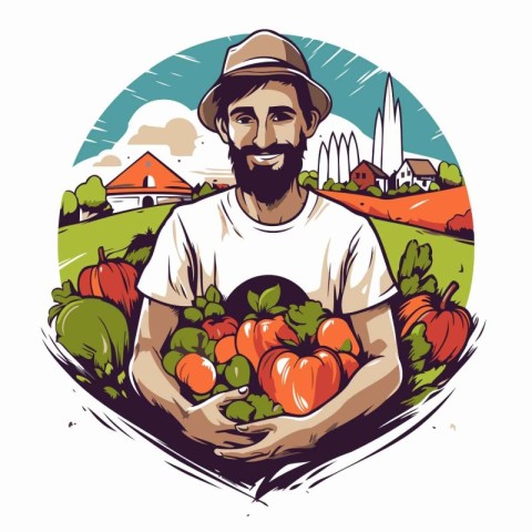 Farmer with fresh vegetables. Vector illustration of farmer with