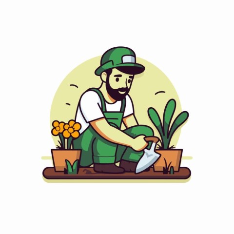 Gardener working in the garden. Vector illustration in cartoon s